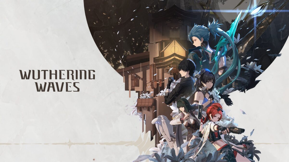 Promotional image for 'Wuthering Waves' featuring a group of five fictional animated characters in various poses, with a traditional building in the background and the game's title on the left.